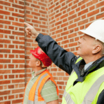 workmen pointing up at a wall